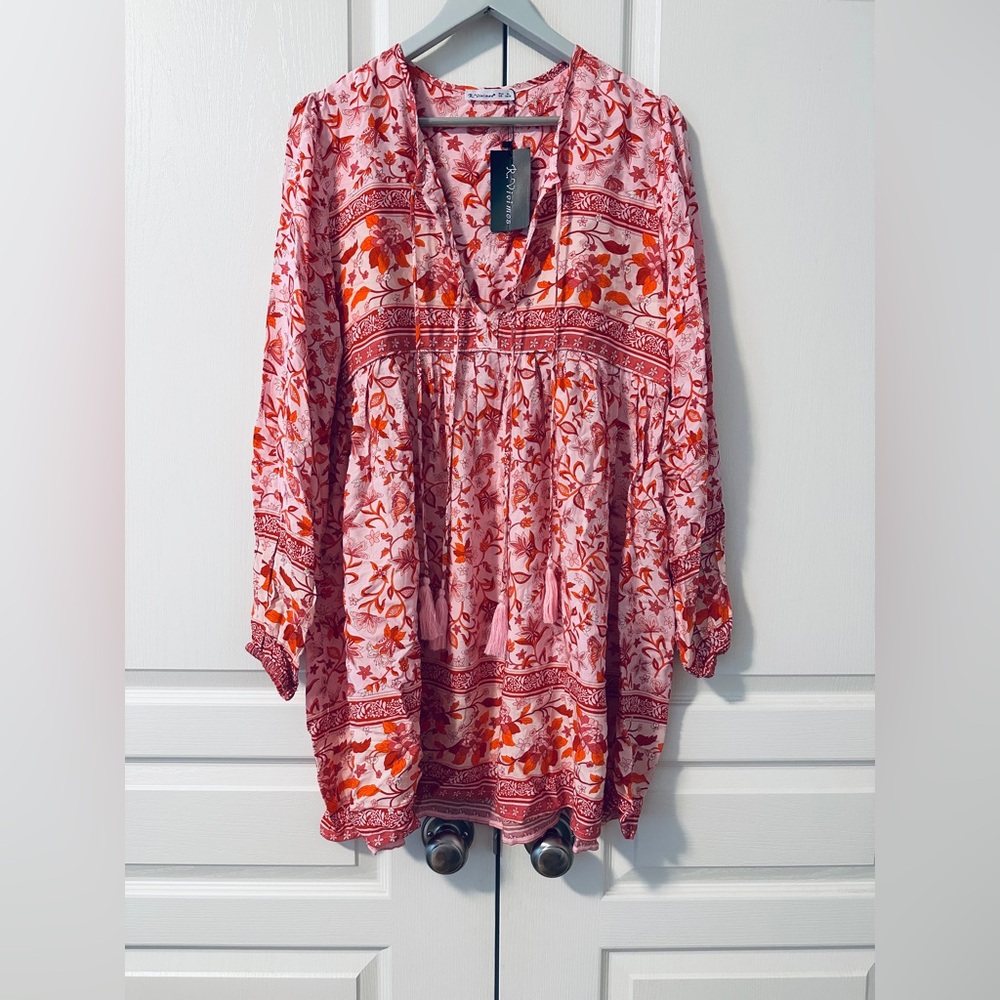 Embellished Pink and Red 3/4 Sleeve Tunic